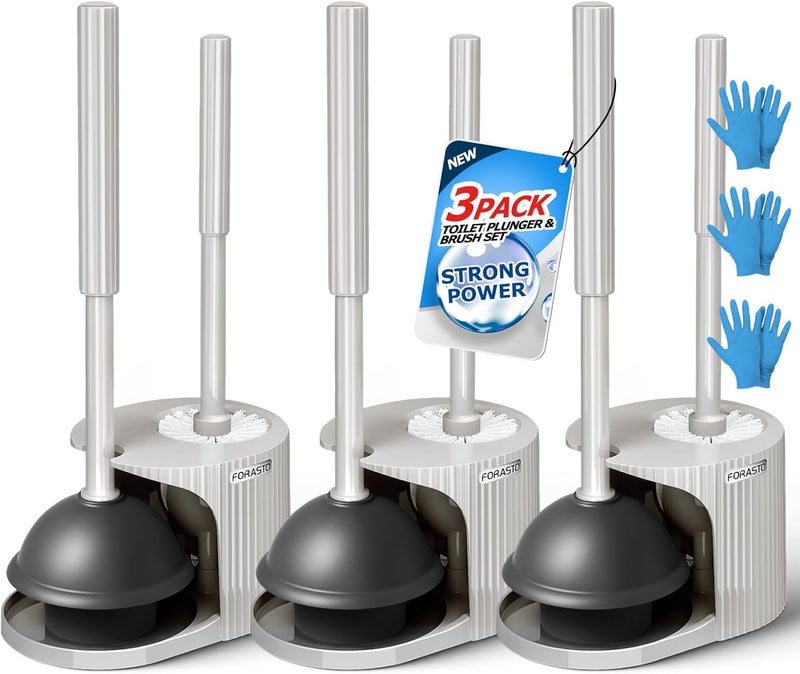 FORASTO 3Pack 2 in 1 Toilet Brush and Plunger Set, Extended Handle Plunger,Toilet Bowl Brush Plunger Set,Bathroom Cleaning Tools,Toilet Brush Plunger Combo,Cleaning Brush,Cleaning Supplies, Light gray - Image 1